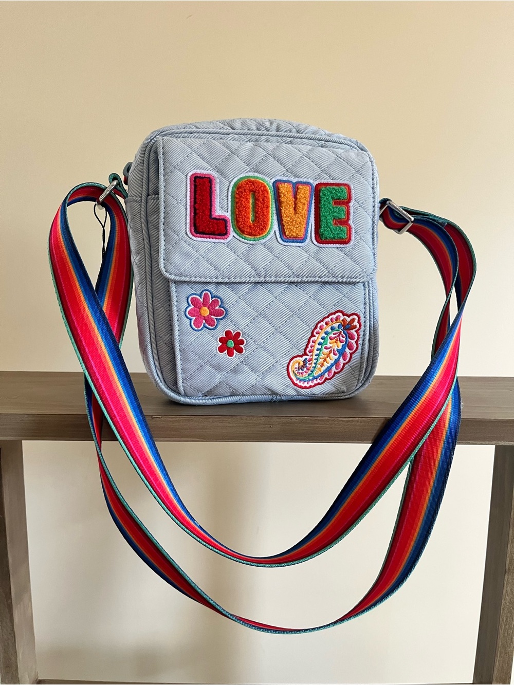 Vera Bradley Light Denim Quilted Crossbody with Rainbow Strap and LOVE Patch